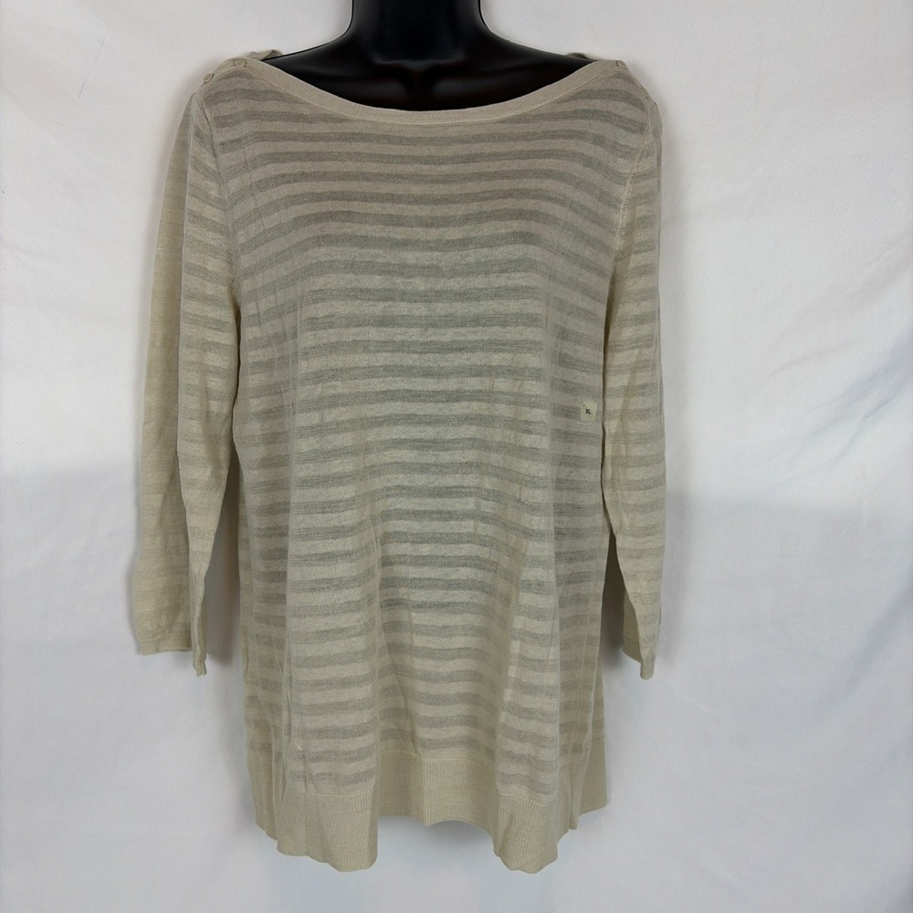 LOFT Womens Sweater Boatneck 3/4 Sleeve Striped Beige Lightweight XL NWT
